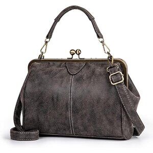 Women's Grey PU Leather Soft Kiss Lock Vintage Top Handle Crossbody Satchel Bag
